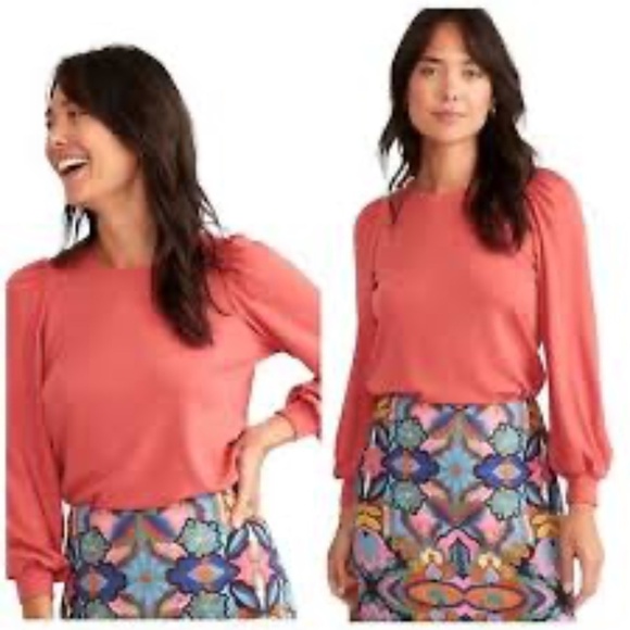 Marine Layer Shirt Women XL Mineral Rust Lexi Rib Puff Sleeve Crew Neck Top - Picture 1 of 13